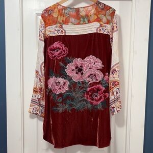 Aratta Burned Tulip Velvet Floral Embroidered Blouse/Tunic, Boho Chic.